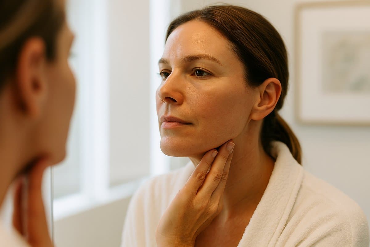 Woman showing improved skin tightness and texture after Morpheus8 treatment