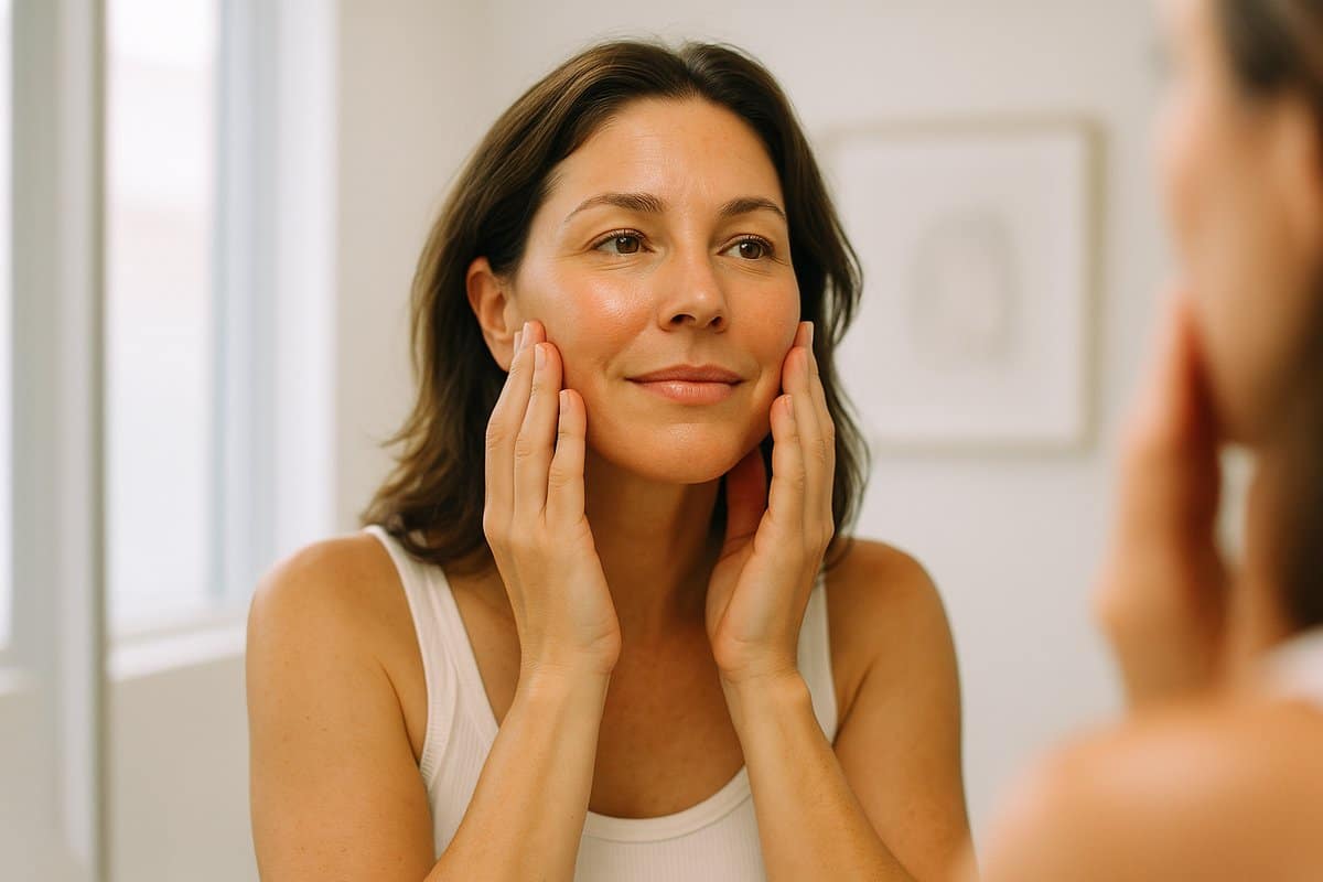 Woman showing natural dermal filler results with restored cheek volume