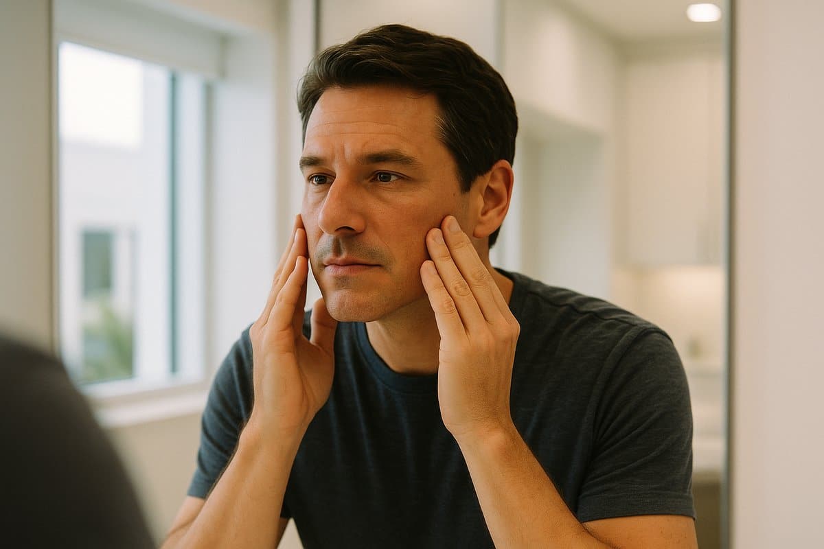 Man examining his natural-looking dermal filler results in mirror showing smooth, contoured cheeks and defined jawline