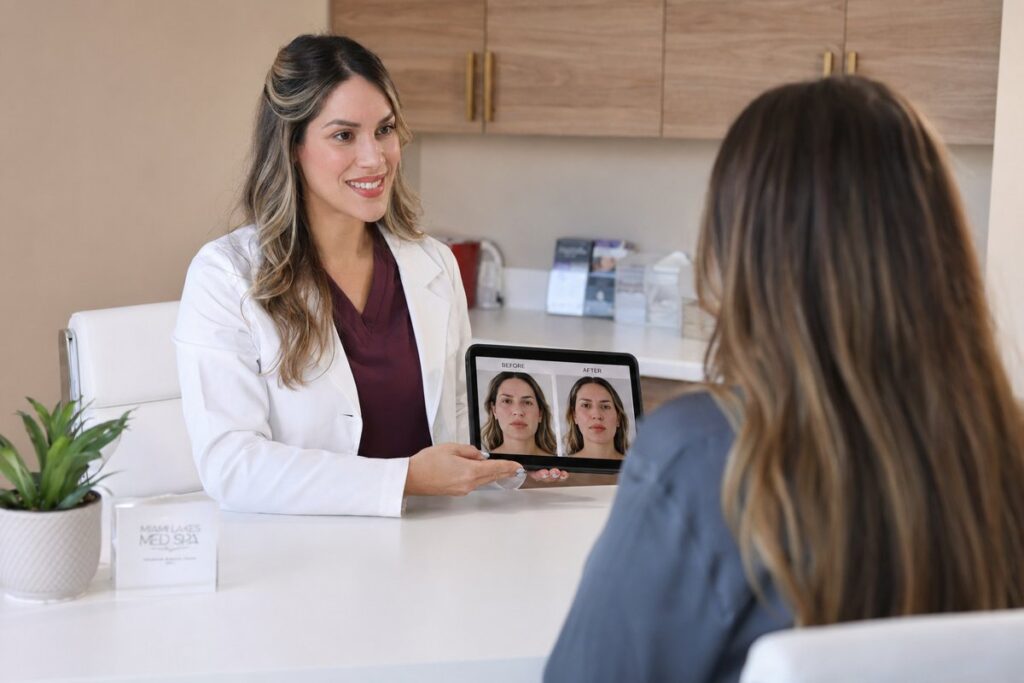 Nurse practitioner reviewing botox aftercare with patient at Miami Lakes Med Spa