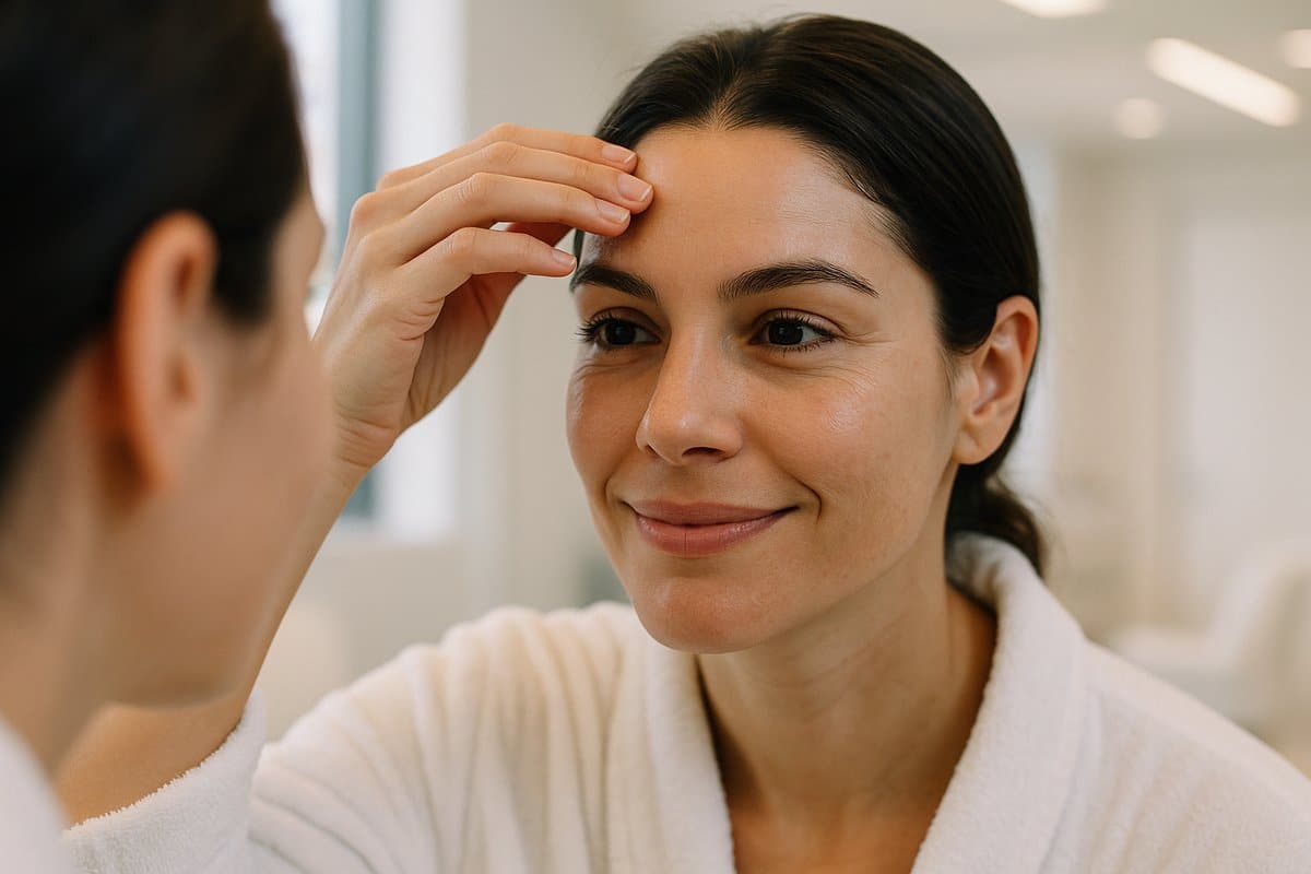 Woman examining smooth forehead results after Botox treatment