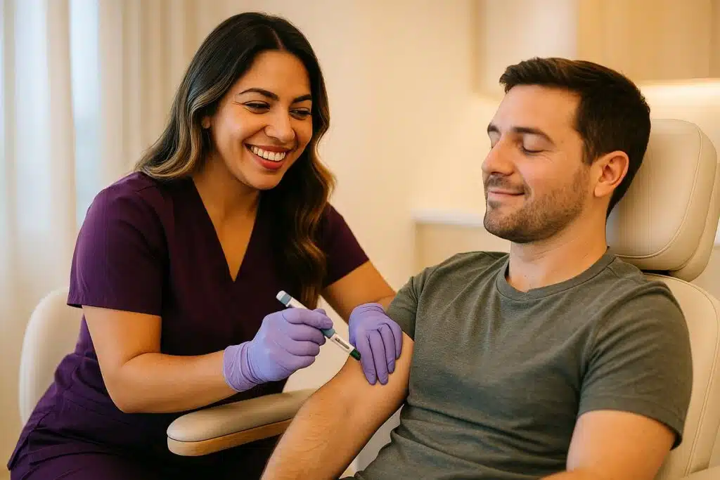 Male patient receiving GLP-1 weight loss injection from medical provider at Miami Lakes Med Spa