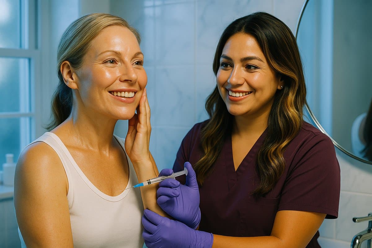 Woman with glowing skin after glutathione wellness injections examining her radiant complexion