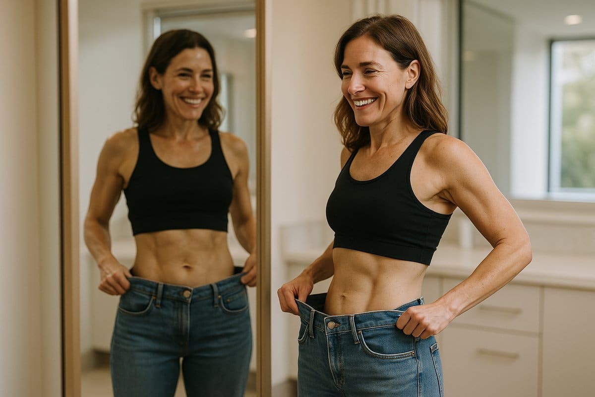 Woman showing weight loss results after GLP-1 medication treatment