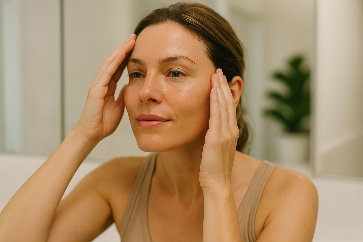 Woman examining her rejuvenated facial skin showing visible results from safe med spa treatments