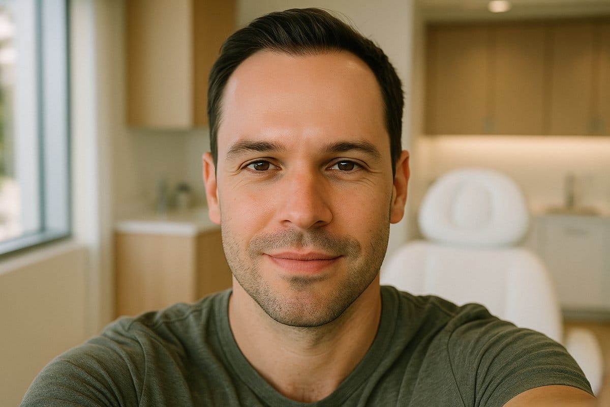 Man showing smooth forehead results after safe aesthetic treatment