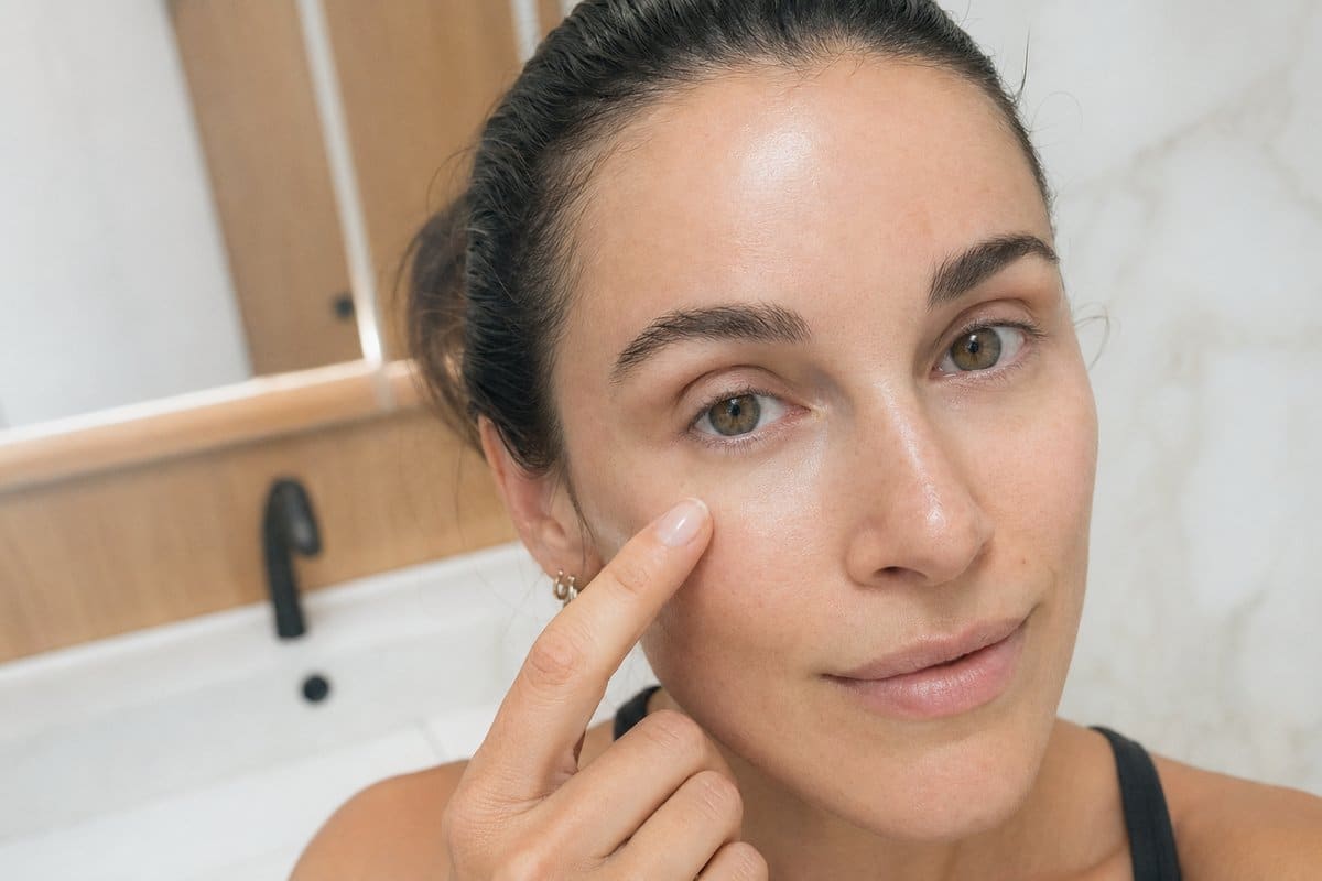 Woman showing smooth, bright under-eye area after tear trough filler treatment results