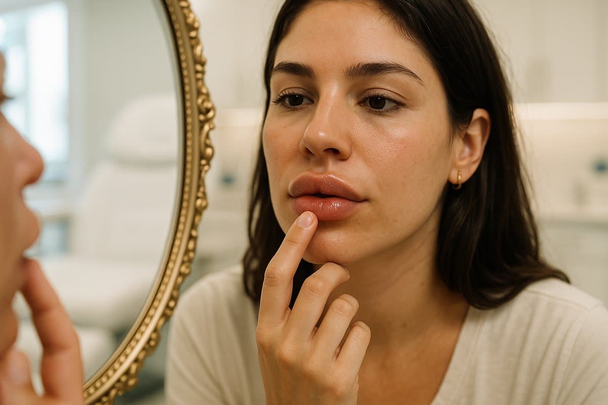 Woman showing natural lip filler results in mirror