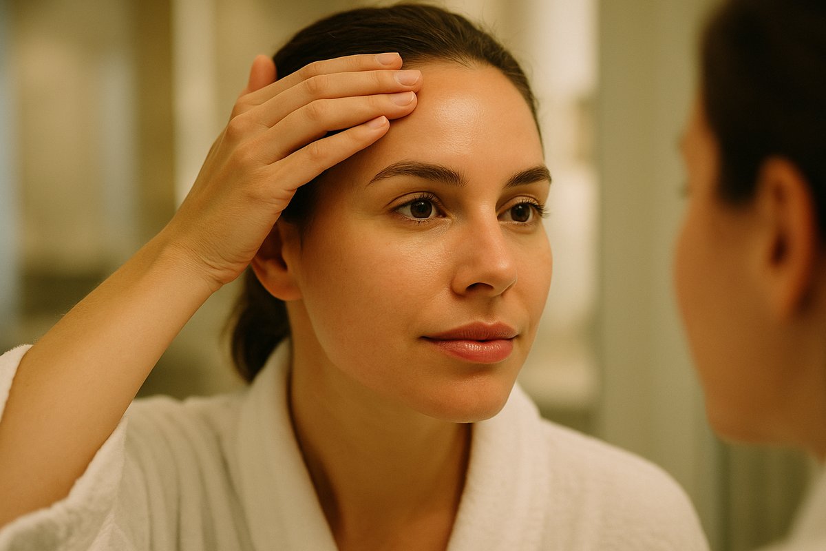 Woman showing smooth forehead results after Botox treatment