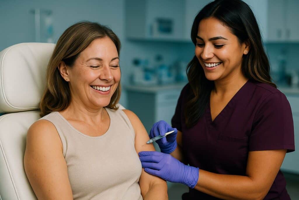 Patient receiving wellness injection from provider in purple scrubs at Miami Lakes Med Spa