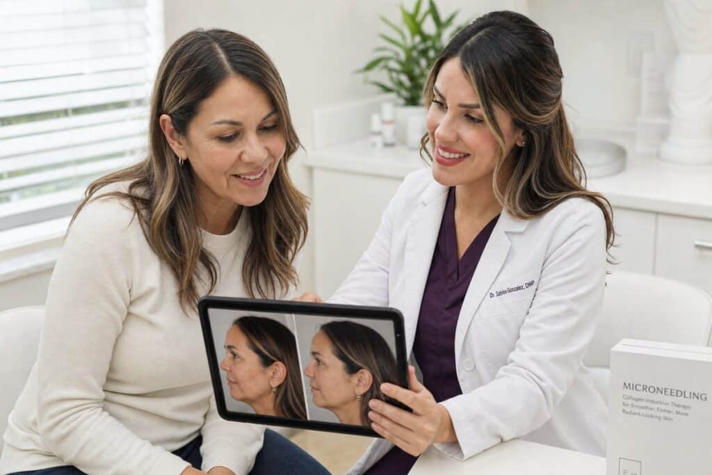 Dr. Sabrina Gonzalez reviewing microneedling cost and treatment plan with patient at Miami Lakes Med Spa