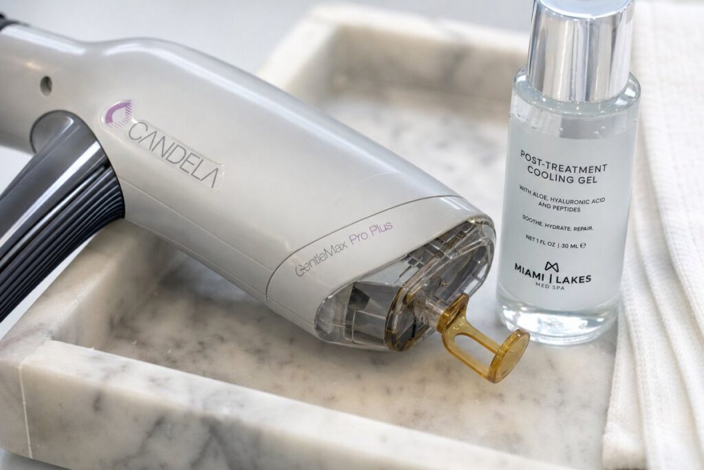 Candela GentleMax Pro Plus laser handpiece on a marble tray at Miami Lakes Med Spa for face laser hair removal