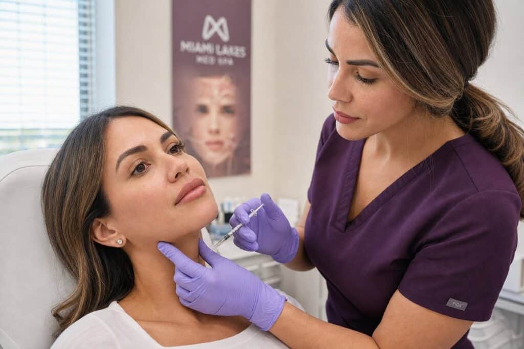 Dr. Sabrina Gonzalez injecting Botox into the masseter muscle for jaw slimming at Miami Lakes Med Spa