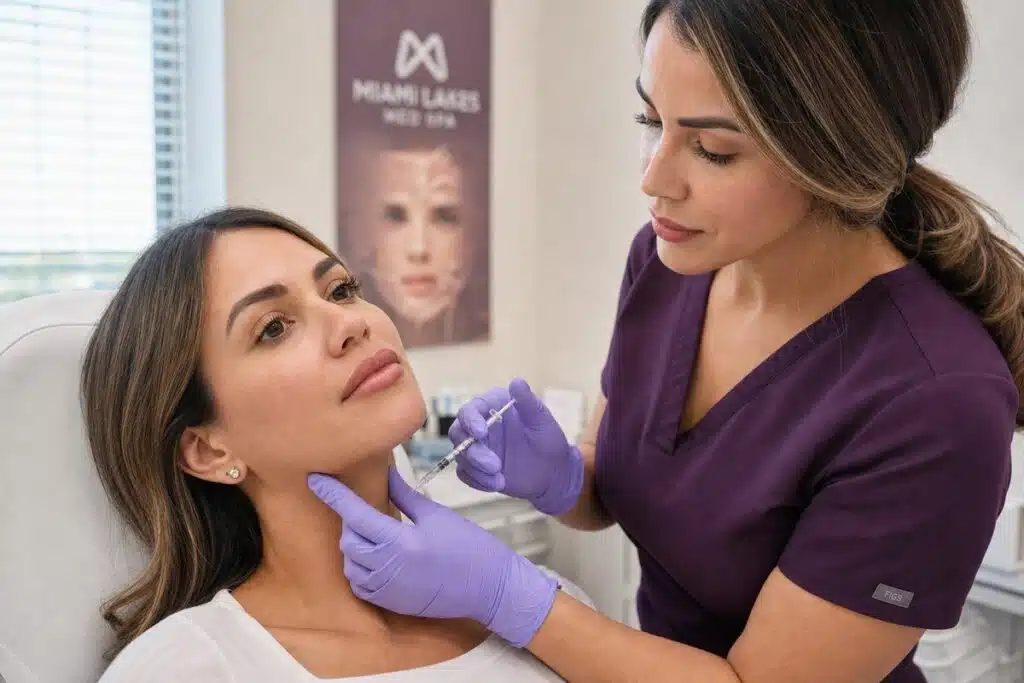 Dr. Sabrina Gonzalez injecting Botox into the masseter muscle for jaw slimming at Miami Lakes Med Spa