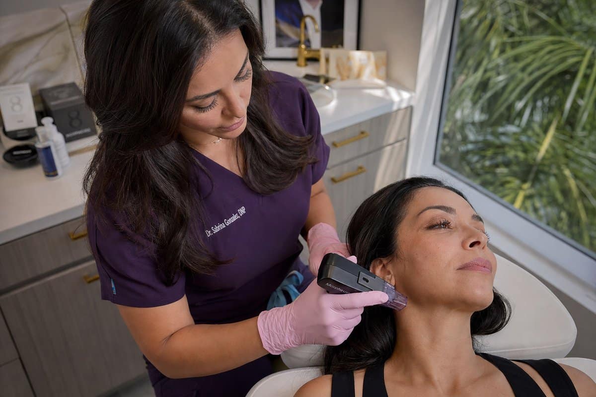 Latina woman in her 40s showing tightened jawline and smooth skin after Morpheus8 in Miami Lakes