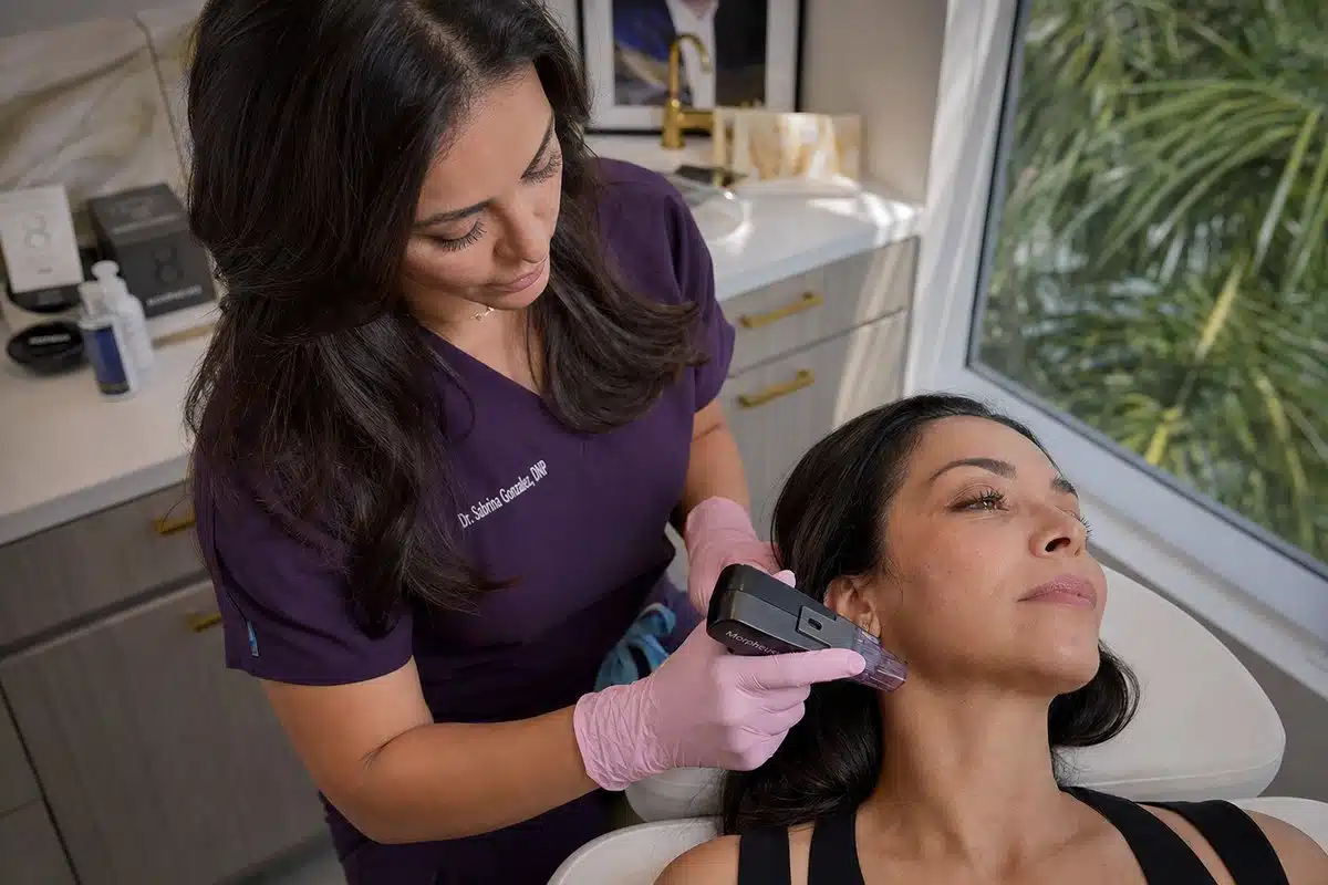 Latina woman in her 40s showing tightened jawline and smooth skin after Morpheus8 in Miami Lakes