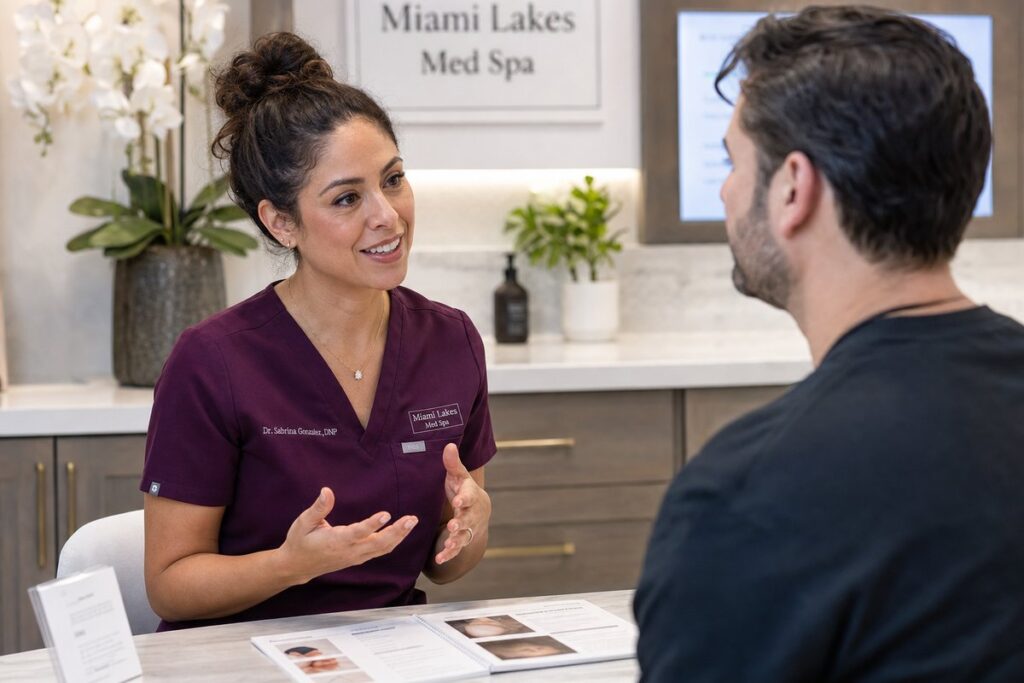 Dr. Sabrina Gonzalez consulting about PRP Hair Loss Treatment in Miami Lakes: What to Expect at Miami Lakes Med Spa
