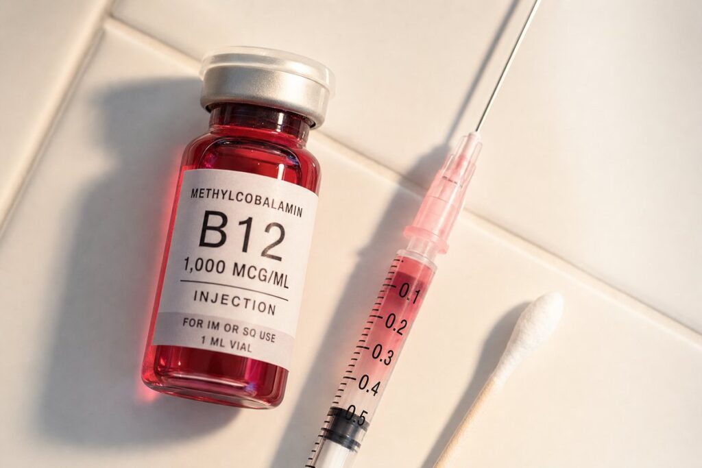 Methylcobalamin B12 vial and syringe arranged on clean white tile for wellness injections at Miami Lakes Med Spa