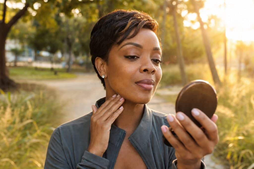 Woman admiring her tightened jawline result after Morpheus8 RF microneedling at Miami Lakes Med Spa