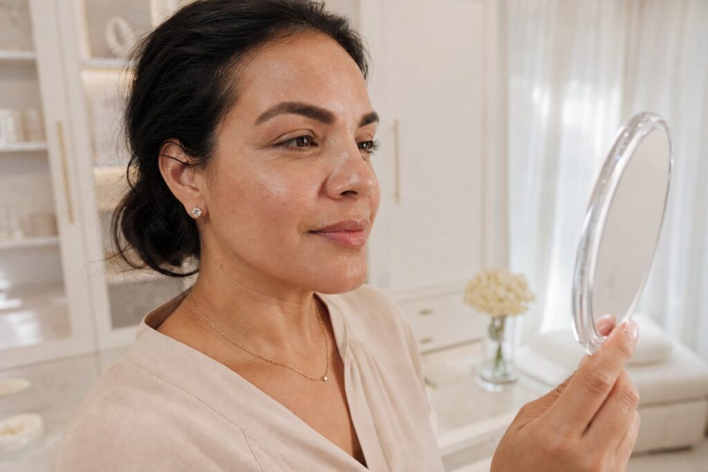 Latina woman admiring her smooth skin in a kitchen mirror after SkinPen microneedling for acne scars at Miami Lakes Med Spa