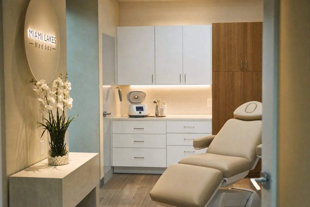Modern PRP treatment suite interior at Miami Lakes Med Spa with treatment chair and orchids