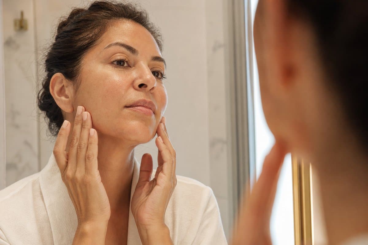 Latina woman touching her smooth, even-toned cheeks in a mirror after VI Peel for melasma