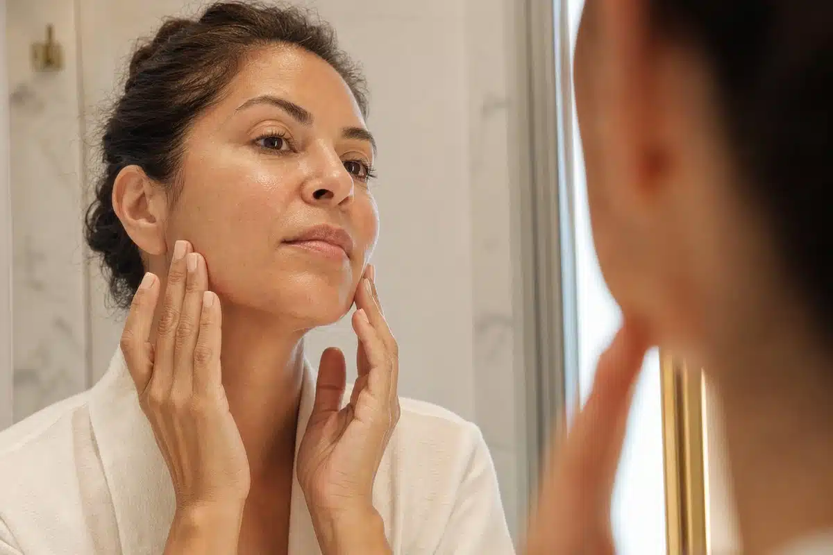 Latina woman touching her smooth, even-toned cheeks in a mirror after VI Peel for melasma