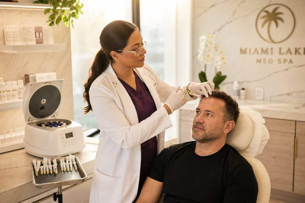 Provider performing PRP hair restoration scalp injection at Miami Lakes Med Spa