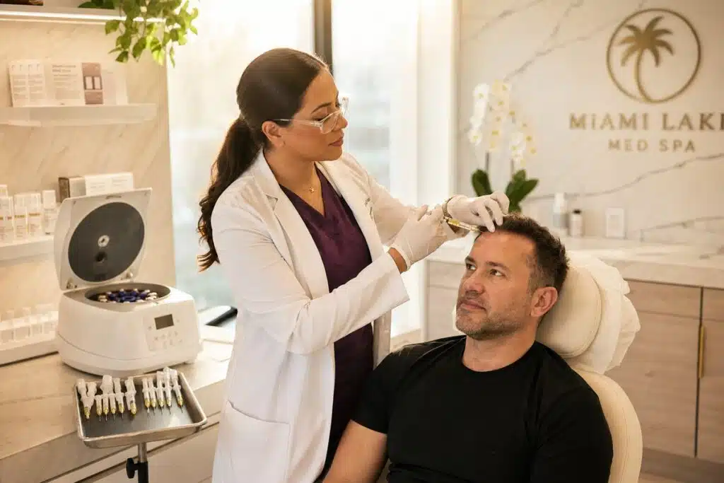 Provider performing PRP hair restoration scalp injection at Miami Lakes Med Spa