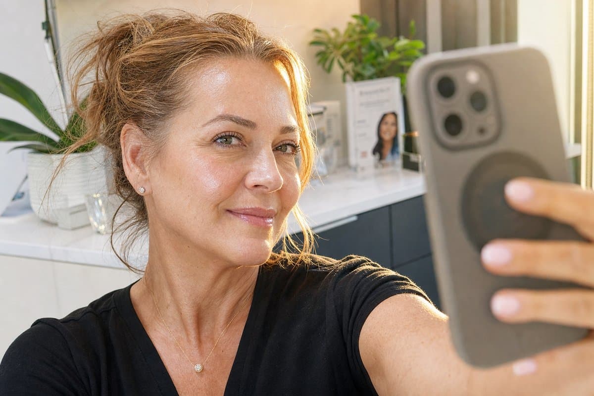 Woman in her 50s taking selfie showing smooth cheeks and clear skin after VI Peel chemical peel for acne