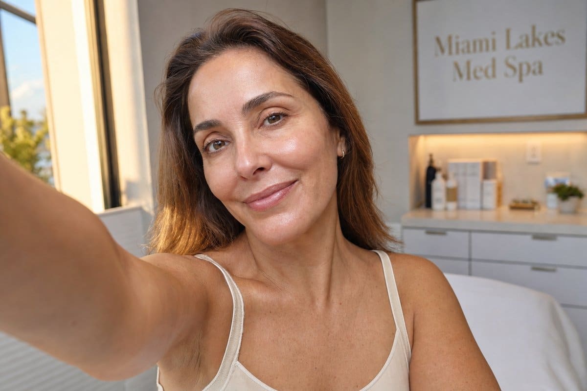 Woman in her 40s taking a selfie showing glowing facial skin results after PRP treatment in Miami Lakes
