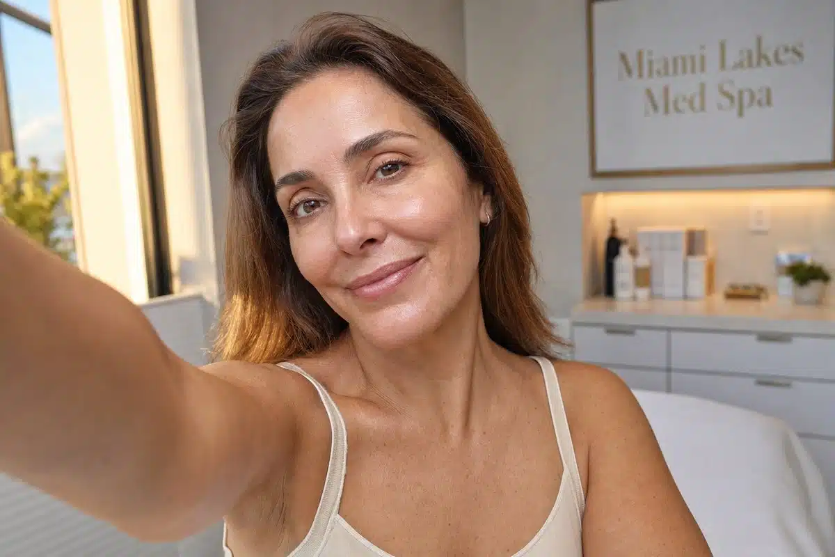 Woman in her 40s taking a selfie showing glowing facial skin results after PRP treatment in Miami Lakes