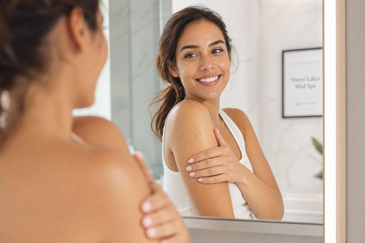 Young woman admiring her refreshed glowing skin in a mirror after a B12 shot at Miami Lakes Med Spa
