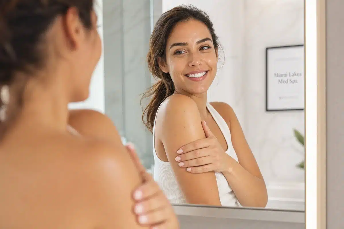 Young woman admiring her refreshed glowing skin in a mirror after a B12 shot at Miami Lakes Med Spa