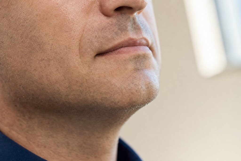 Confident man in his 40s with smooth clear skin after Morpheus8 acne scar treatment at Miami Lakes Med Spa