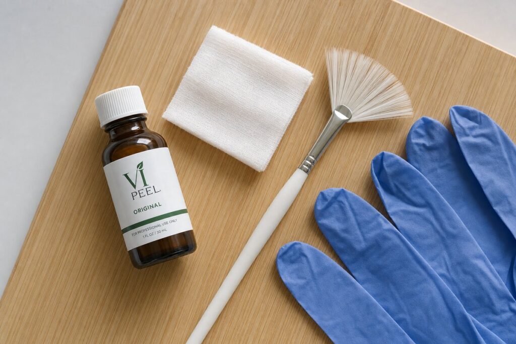 VI Peel chemical peel supplies arranged on a wood board at Miami Lakes Med Spa