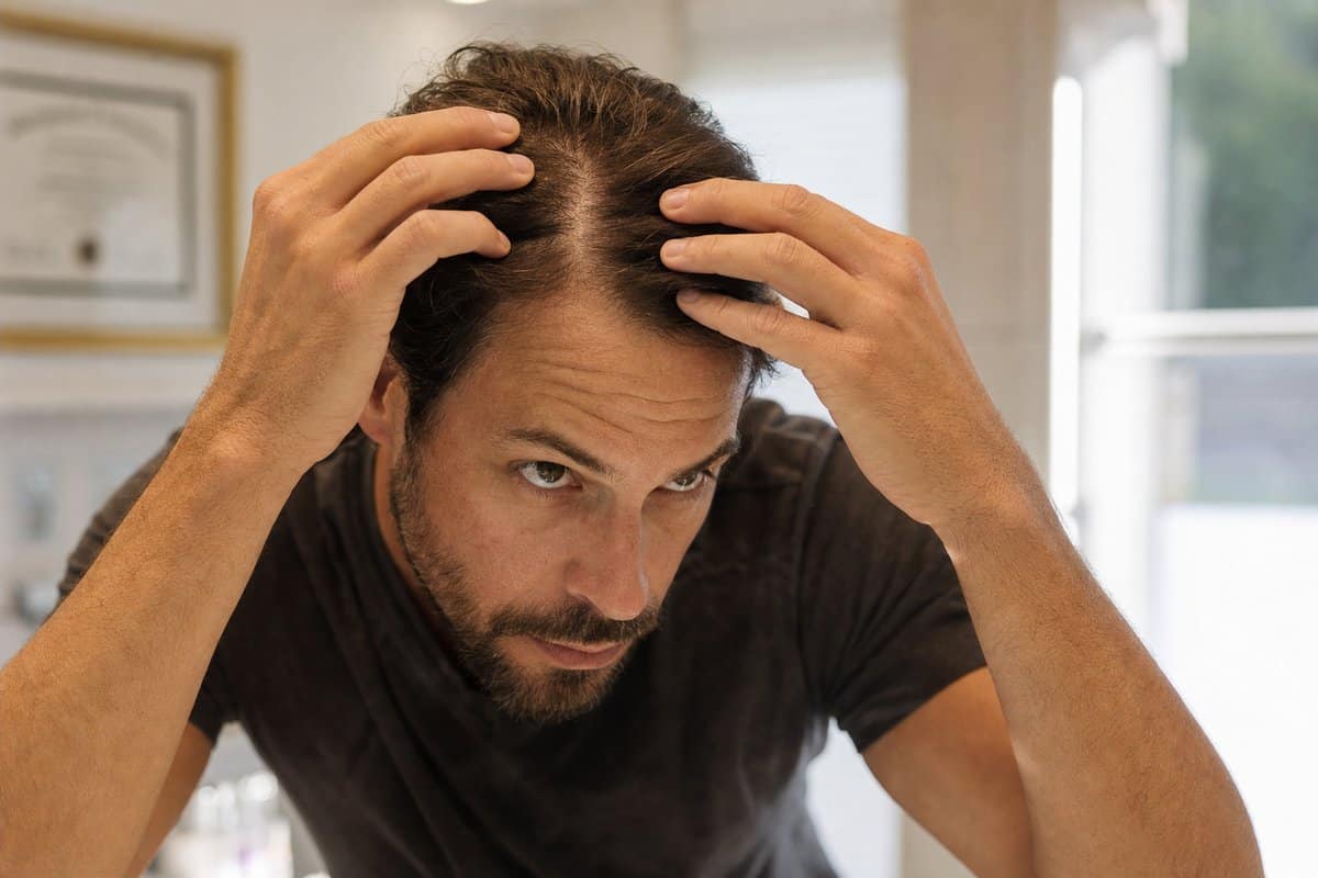 Man examining thicker hair regrowth at his crown after PRP hair restoration sessions