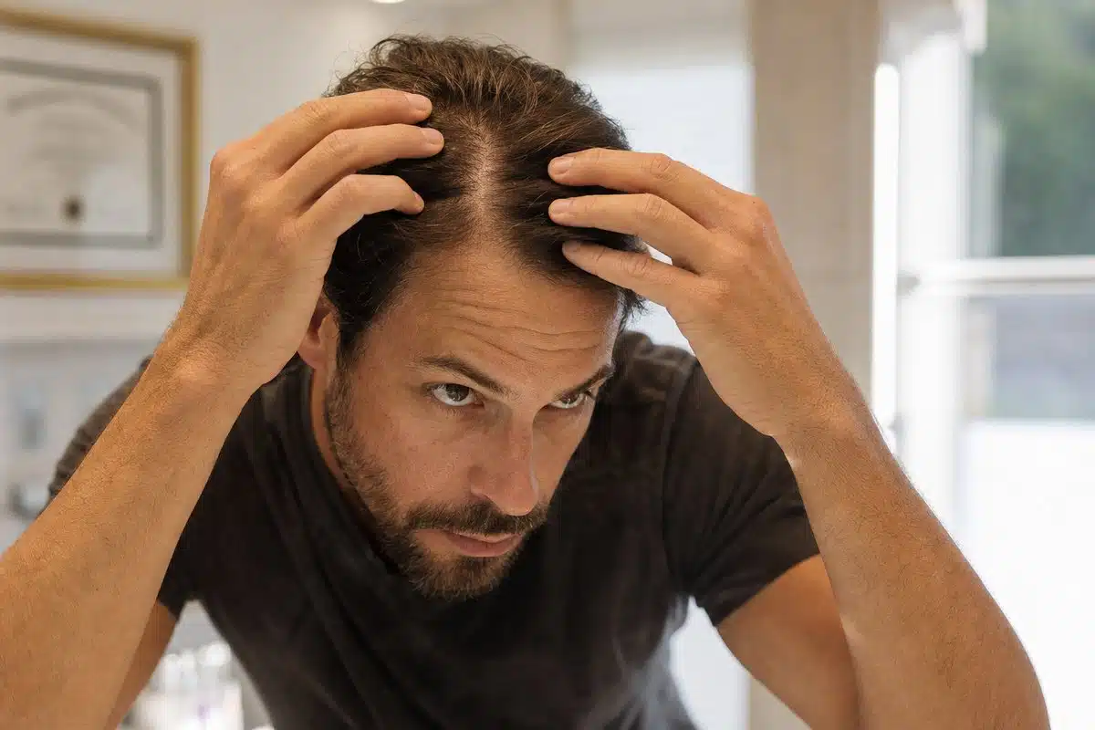Man examining thicker hair regrowth at his crown after PRP hair restoration sessions