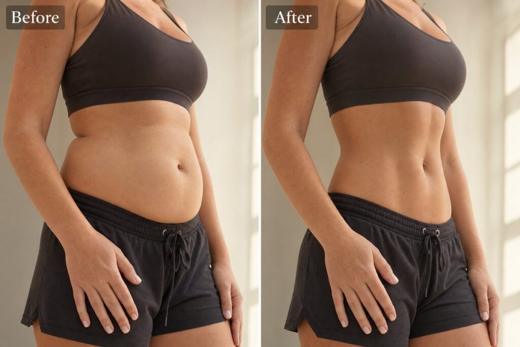 Before and after split image showing midsection results from lipo shots and medical weight loss at Miami Lakes Med Spa