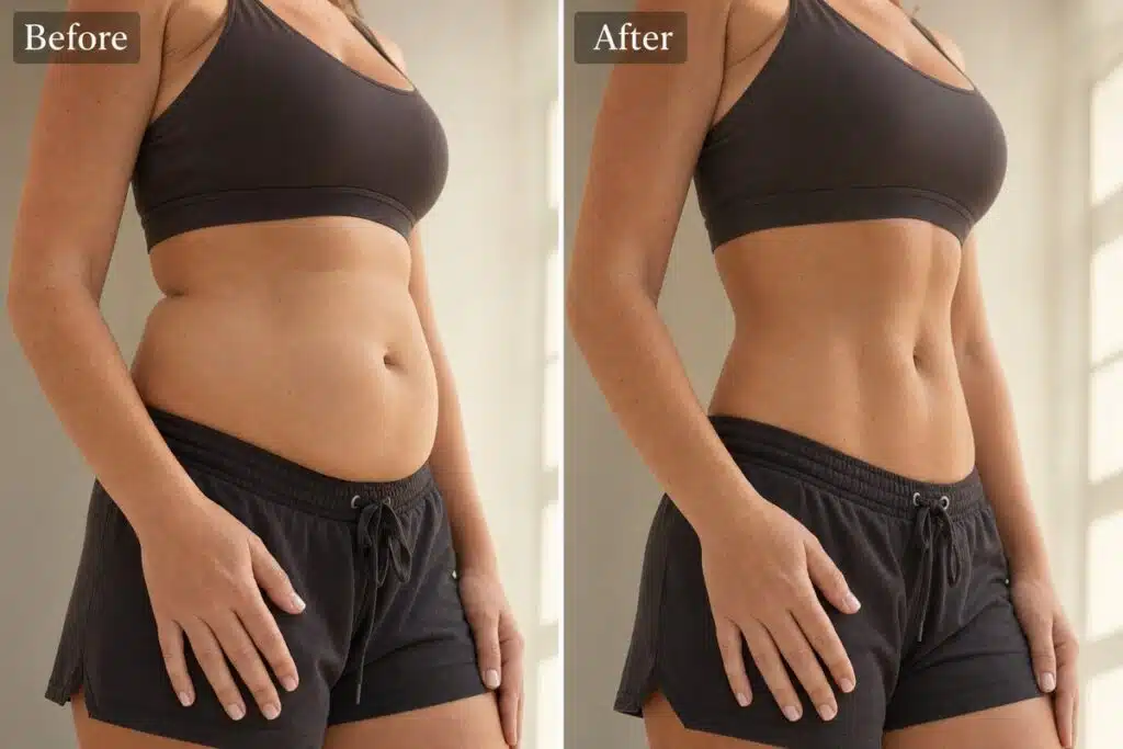 Before and after split image showing midsection results from lipo shots and medical weight loss at Miami Lakes Med Spa