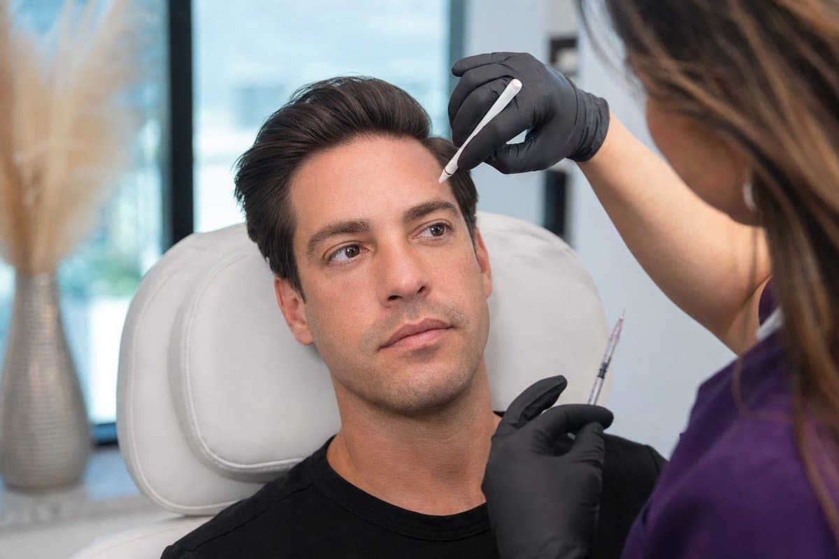 Close-up portrait of a man in his 30s showing a smooth, refreshed forehead after Botox for dynamic wrinkles