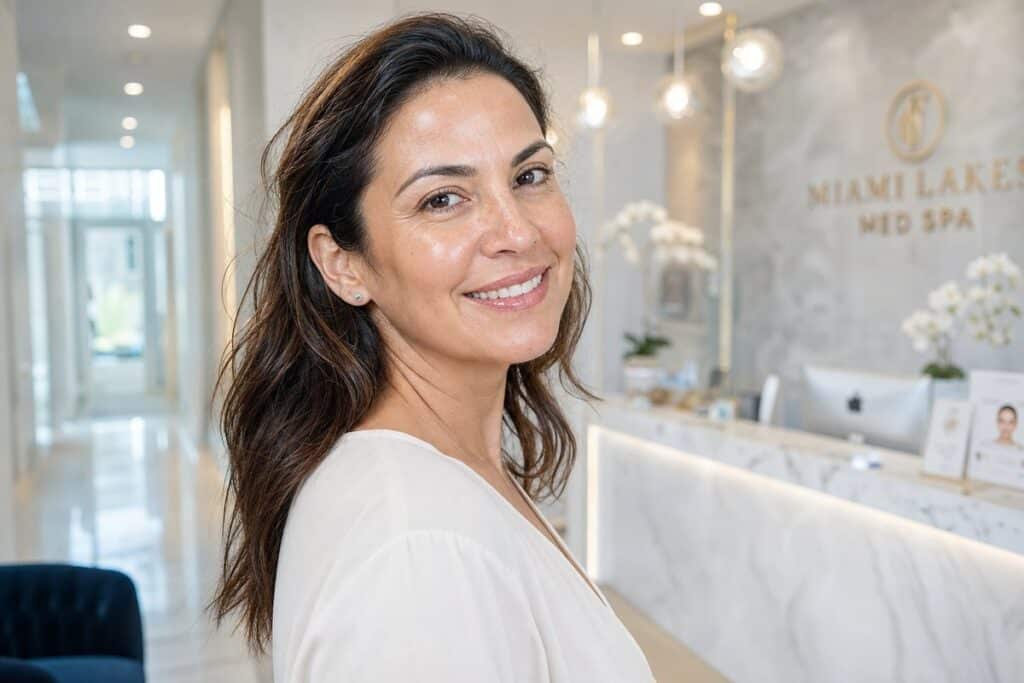 Latina woman in her 40s with glowing skin standing confidently in a boutique gym lobby after PRP treatment at Miami Lakes Med Spa