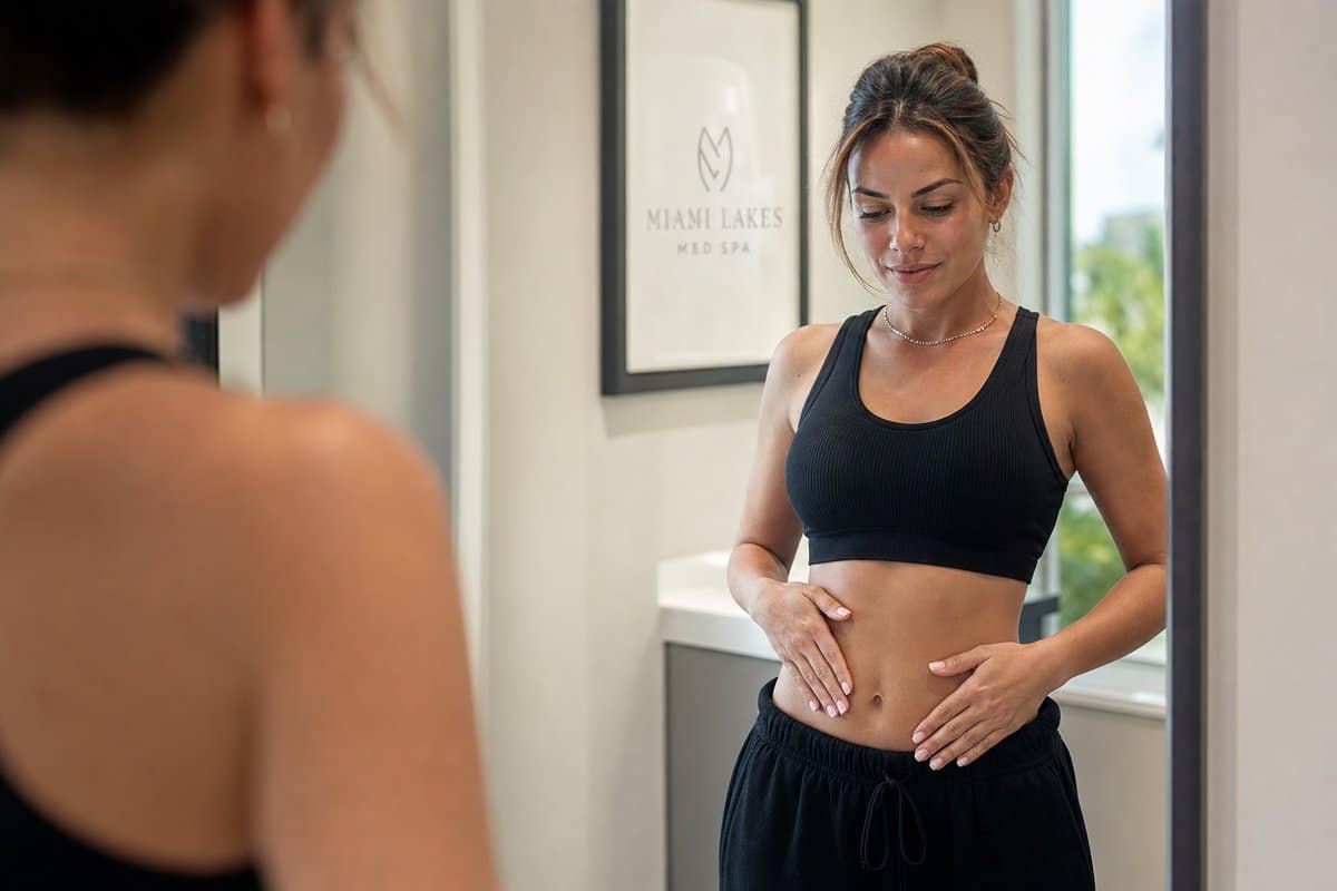 Woman touching her slimmer midsection in a mirror showing results of semaglutide and tirzepatide weight management