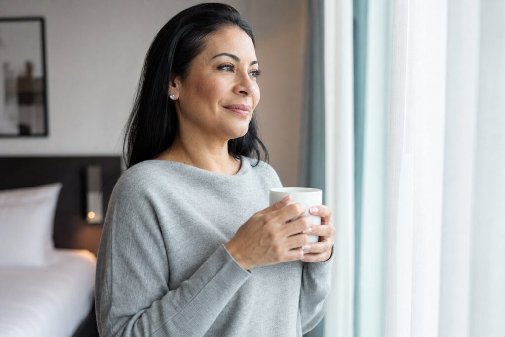 Latina woman in her 40s confident at home after first time filler treatment at Miami Lakes Med Spa