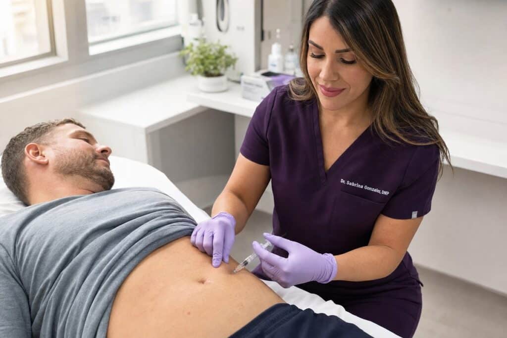 Aesthetic injector administering a weekly semaglutide GLP-1 weight loss injection into a patient's abdomen at Miami Lakes Med Spa