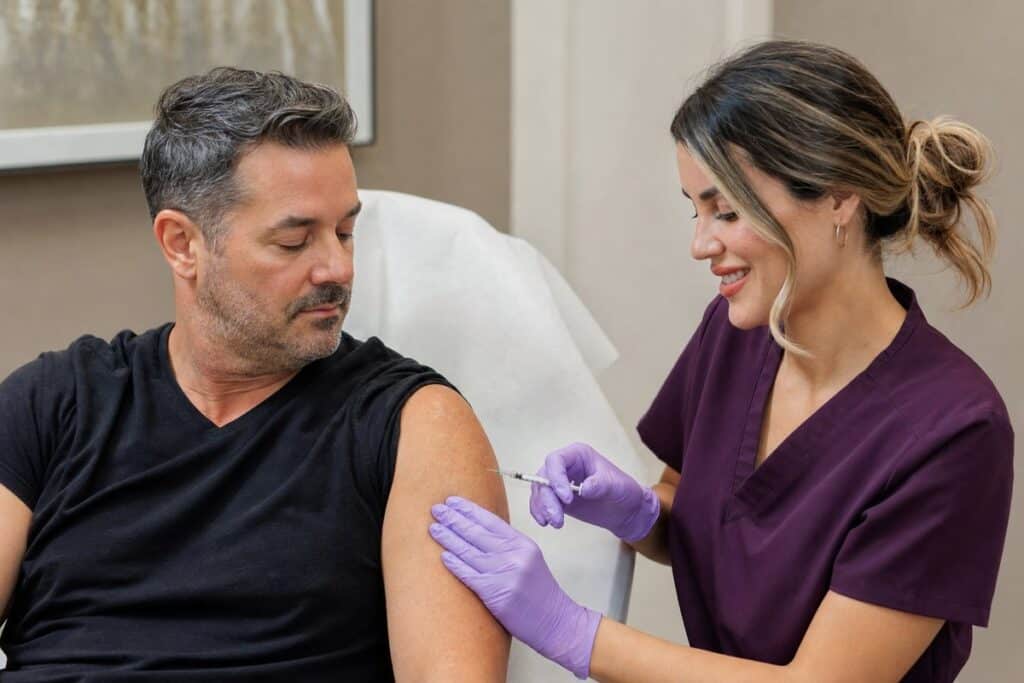 Dr. Sabrina Gonzalez giving a B12 wellness injection to a male patient's deltoid at Miami Lakes Med Spa
