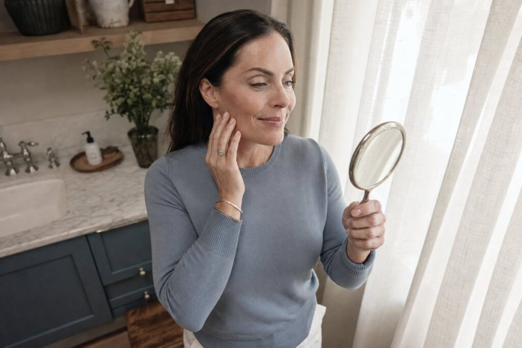 Woman in her 40s checking her smooth forehead and crow's feet in a compact mirror after Botox treatment at Miami Lakes Med Spa