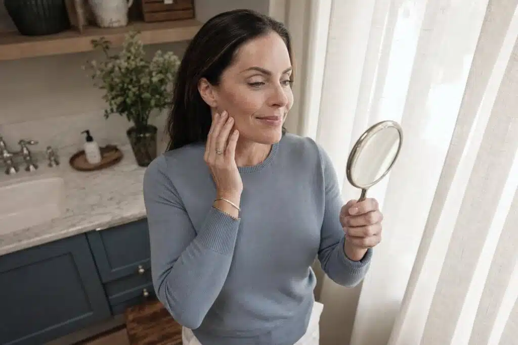Woman in her 40s checking her smooth forehead and crow's feet in a compact mirror after Botox treatment at Miami Lakes Med Spa