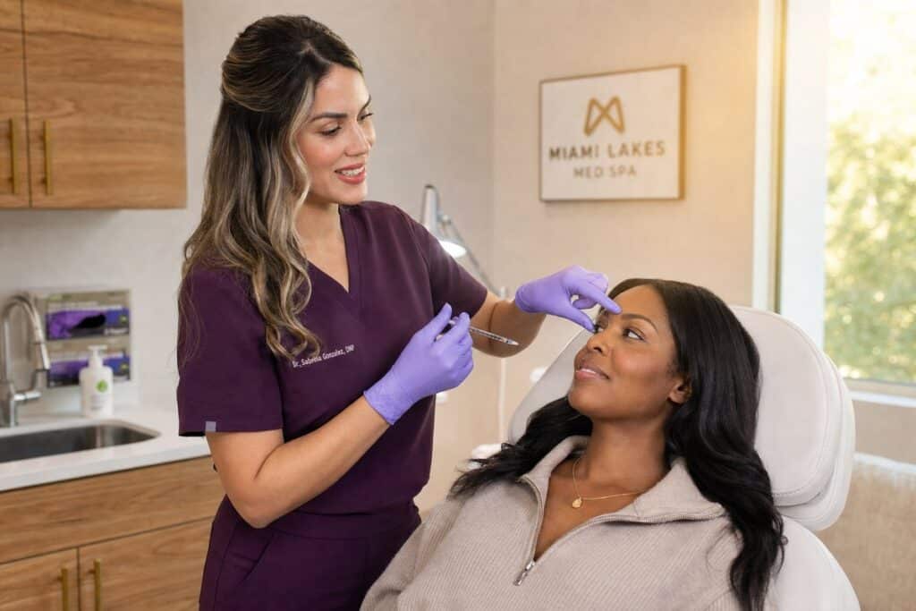 Female injector in plum scrubs administering Botox to a patient's forehead at Miami Lakes Med Spa in Miami Lakes, FL
