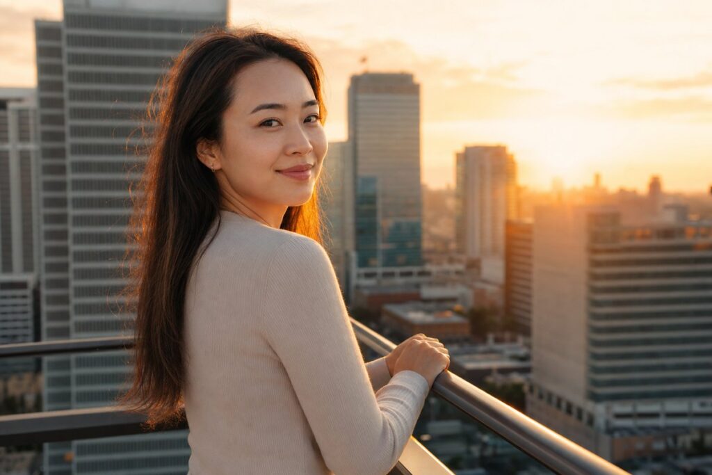 Young woman with smooth forehead enjoying sunset on a Miami Lakes rooftop after baby Botox treatment